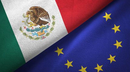 Mexico and European Union two flags textile cloth, fabric texture