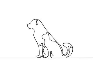 Continuous line drawing of dog and cat logo. Black and white vector illustration. Vector