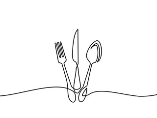 Continuous one line drawing.Forks, spoons, knife plates and all eating and cooking utensils, can be used for restaurant logos, cakes, business cards, banners and others. Black and white vector illustr - obrazy, fototapety, plakaty