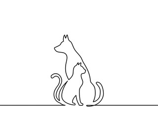 Continuous line drawing of dog and cat logo. Black and white vector illustration. Vector