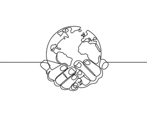 Poster Im Rahmen Continuous line drawing of hands holding Earth globe. vector illustration for banner, poster, web, template, business card. Black thin line image of hands holding Earth globe icon - Vector © Gondex