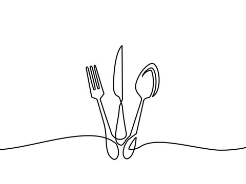 Continuous one line drawing.Forks, spoons, knife plates and all eating and cooking utensils, can be used for restaurant logos, cakes, business cards, banners and others. Black and white vector illustr
