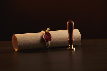 Notary's public pen and stamp on testament and last will. Notary public tools