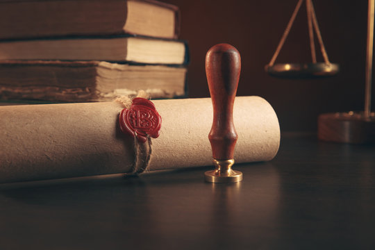 Notary's public pen and stamp on testament and last will. Notary public tools