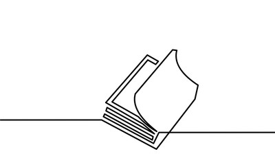 continuous one line drawing. Opened book with pages isolated on white. Black and white vector illustration. - Vector