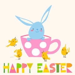 Vector spring easter card with rabbit and chicks