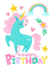 Vector happy birthday cards with cartoon unicorn character