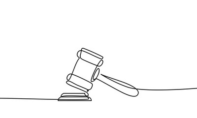 Continuous line drawing of hammer judge on Black and white background. - Vector
