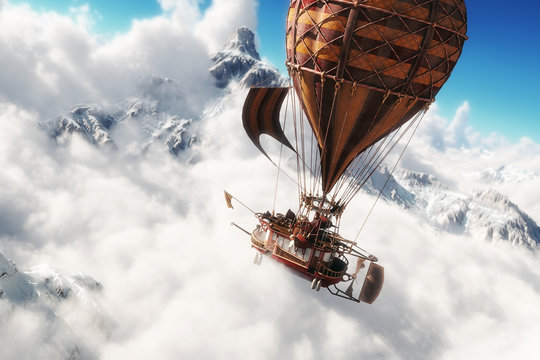 Fantasy concept of a steam powered balloon craft airship sailing through a sea of clouds with snow cap mountains in background. 3d rendering illustration 