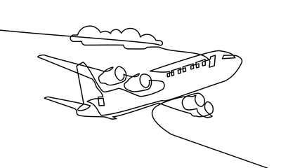 Continuous one line drawing. airplanes on the clouds. Black and white background vector illustration. - Vector