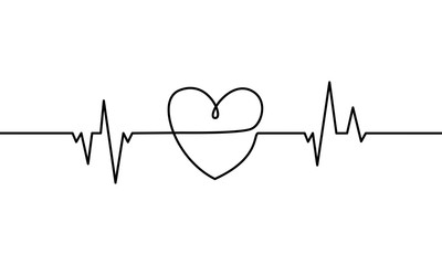 Continuous line drawing of heart with heartbeat on Black and white background. Vector