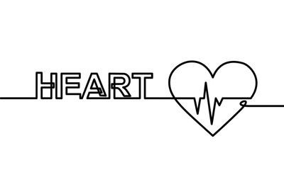 Continuous line drawing of heart with heartbeat on Black and white background. Vector