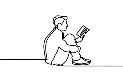 Continuous line drawing. Boy studying with reading book. Back to school concept. Vector illustration on white background - Vector