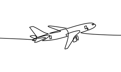 Fototapeta na wymiar Continuous one line drawing. airplanes on the clouds. Black and white background vector illustration. - Vector