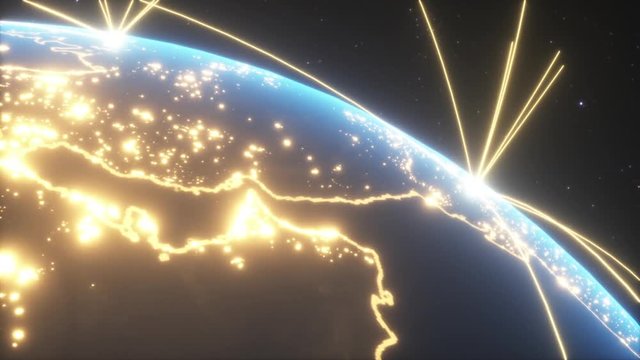 World connections with city lights. Blue. Earth globe. Spinning Earth with light lines growing from major cities all over the world.
