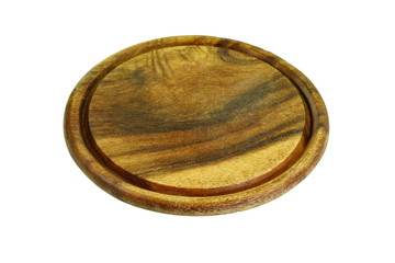 Empty round wooden kitchen board isolated on white background. Multifunctional circular wooden cutting board for cutting bread, pizza or steak serve.
