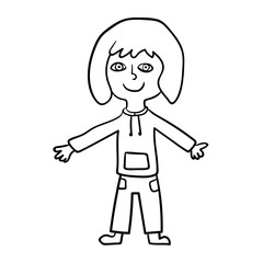 Cartoon doodle girl in a hoody isolated on white background. Vector illustration.  