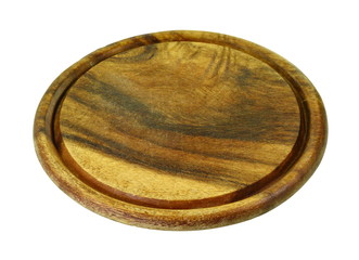 Empty round wooden kitchen board isolated on white background. Multifunctional circular wooden cutting board for cutting bread, pizza or steak serve.