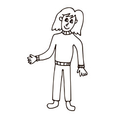 Fototapeta na wymiar Cartoon doodle linear woman pointing isolated on white background. Vector illustration. 