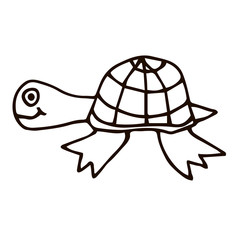 Cartoon doodle linear turtle isolated on white background. Vector illustration.   