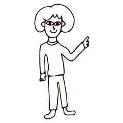 Cartoon doodle linear woman pointing isolated on white background. Vector illustration.   