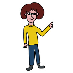 Cartoon doodle linear woman pointing isolated on white background. Vector illustration.   