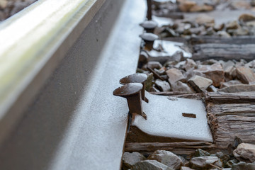 A closeup of two railway spikes lifting up. They are supposed to be holding down a railway track...