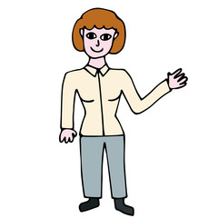 Cartoon doodle linear woman pointing isolated on white background. Vector illustration.   