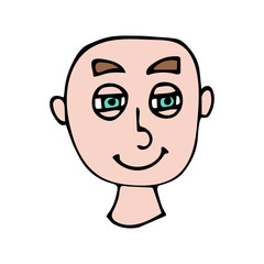Cartoon doodle linear bald happy face isolated on white background. Vector illustration.  