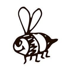 Cute cartoon doodle linear bee isolated on white background. Vector illustration.  