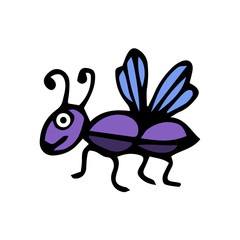 Cute cartoon doodle linear ant isolated on white background. Vector illustration.  