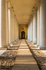 A wooden way to doors surrounded with columns in palace