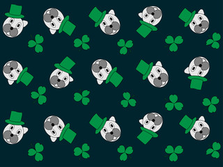 Wallpaper seamless with the image of a dog in a green hat and clover leaves, decoration for the feast of St. Patrick