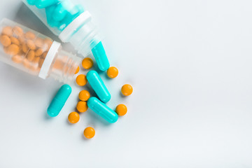 Assorted pharmaceutical medicine pills, tablets and capsules.Pills background.