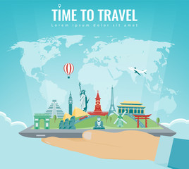 Naklejka premium Travel composition with famous world landmarks. Travel and Tourism concept. Vector