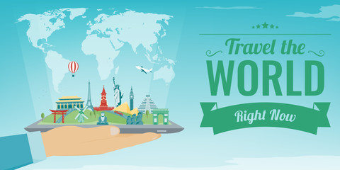 Travel composition with famous world landmarks. Travel and Tourism concept. Vector