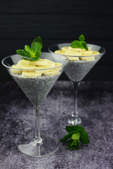 Chia dessert with grains of bananas fruit 