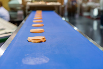 Close up bologna sliced on automatic conveyor machine of industrial food manufacture © Surasak