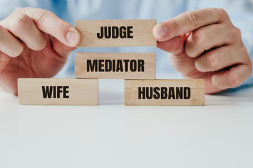 An attempt to mediate during a divorce and the last resort, that is the Court. Arranged blocks with the words Husband, Wife, Mediator and the Court. The order of the proceedings in family conflict.
