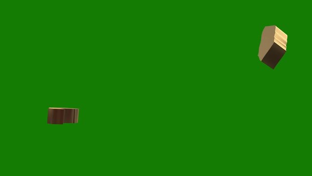 Fragments bitcoin on a green background are assembling into a single whole, 3d animation