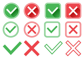 Green and red buttons. Green check mark and red cross. Right and wrong. Different design. Vector illustration
