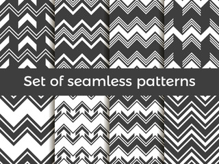 Black and white zig zag set of seamless pattern. Vector illustration