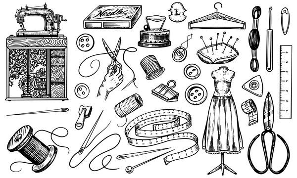 Set of sewing tools and elements or materials for needlework. Handmade equipment. Tailor shop for badges labels. Thread and needle, mannequin. Engraved hand drawn realistic in old vintage sketch.