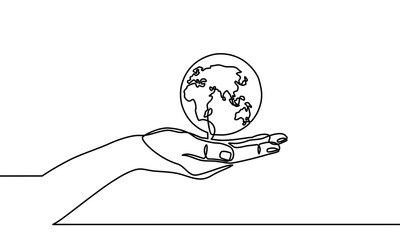 Continuous line drawing of hands holding Earth globe. vector illustration for banner, poster, web, template, business card. Black thin line image of hands holding Earth globe icon - Vector