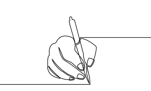 recommend clip art: Continuous line drawing of hand writing on paper. Vector illustration for banner, poster, web, template, business card. Black thin line image of hands writing letter icon - Vector