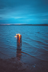 Burning log on the shallows of the lake