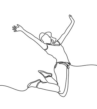 Continuous line drawing of woman happy jumping in air. Vector