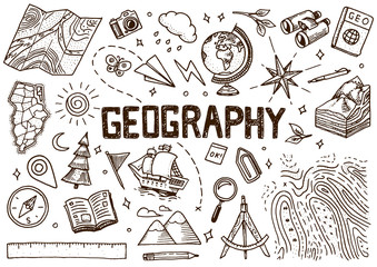 Set of geography symbols. Equipments for web banners. Vintage outline sketch for web banners. Doodle style. Education concept. Back to school background. Hand drawn style. © artbalitskiy