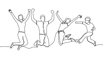 continuous line drawing of jumping happy team members. happiness, freedom, motion and people concept. smiling young friends. jumping in air. vector