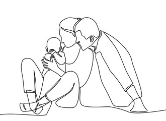 Continuous line drawing of happy family father, mother and one child playing. vector